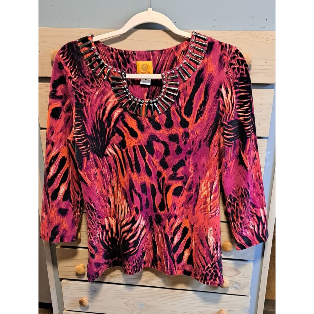 Ruby Road Animal Print Embellished Top – Medium- boho, chic, embellished